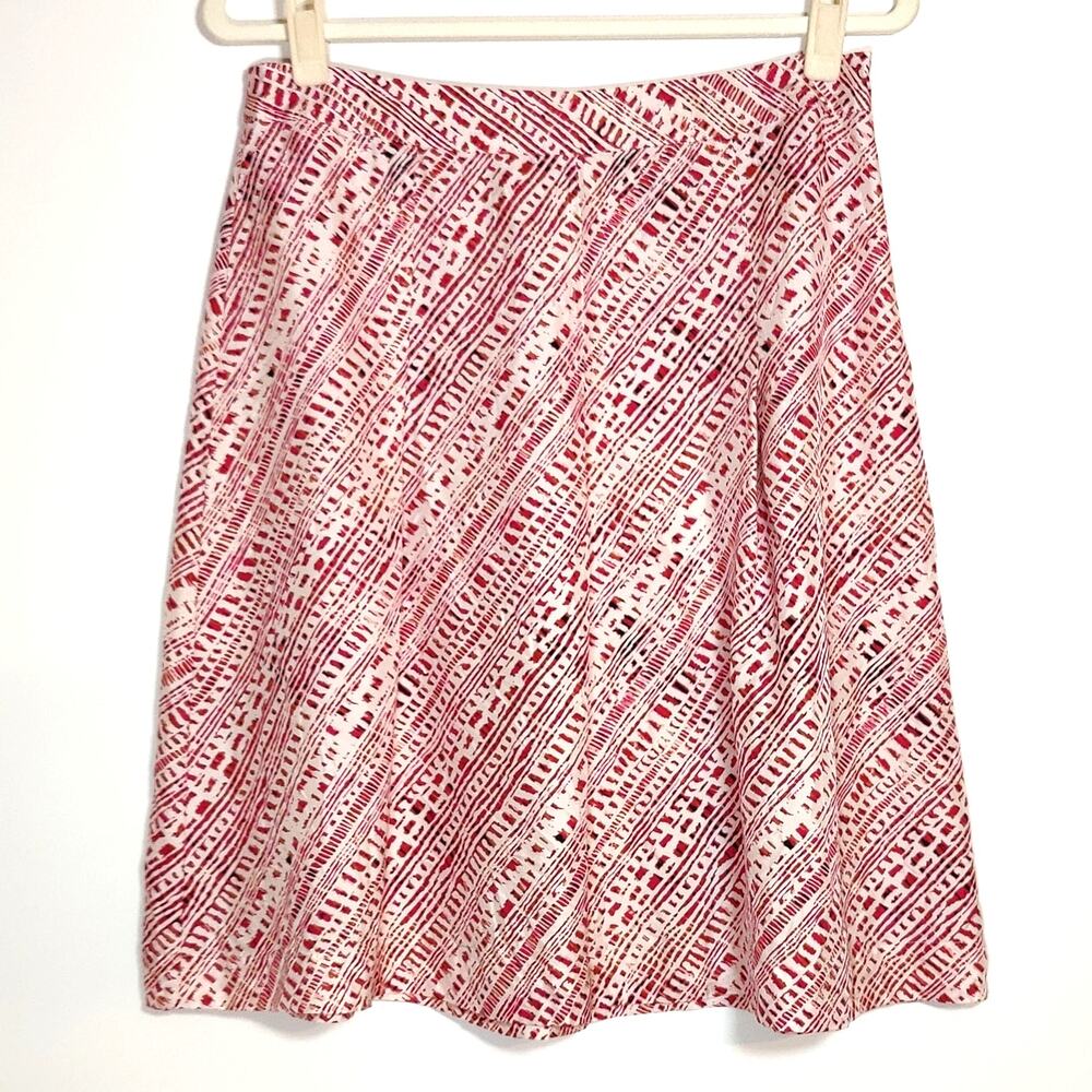 100% Silk Mini Skirt 10 Red White Print Pleated‎ Boho Resort Chic Merona
